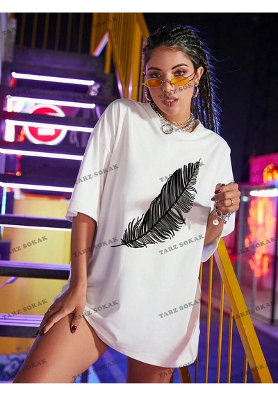 Startmore Tüy Baskılı Oversize Kalıp Unisex T-shirt Beyaz