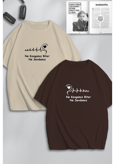 Unisex Kadın Erkek Kavga Ve Sevda Baskılı Sevgili Çift Kombini Tasarım Oversize Tshirt 2'li Kahvebej Mck0224 Çok Renkli