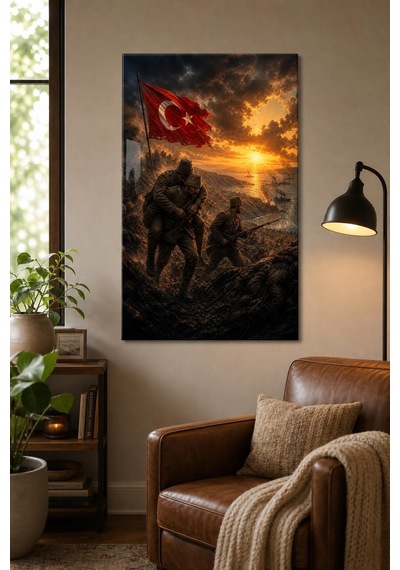 Çanakkale Savaşı Temalı Baskılı Cam Tablo Türk Bayraklı Uv Baskı Duvar Tablosu