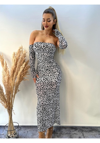 Pink Life Beyaz Tül Üzeri Flog Baskılı Leopar Desenli Kolluk