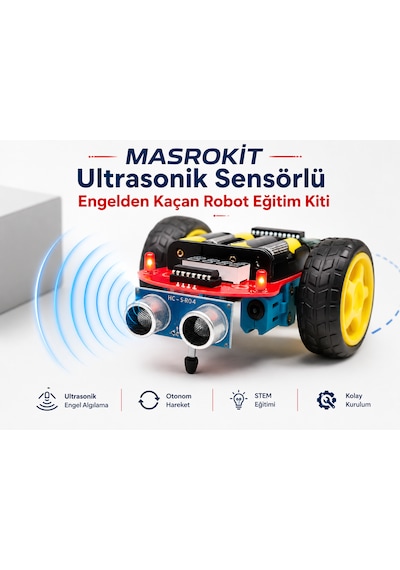 Masrokit U2l-7718 Ultrasonik Sensörlü Engelden Kaçan Robot Eğitim Kiti Metal Dişli Mavi Motorlu