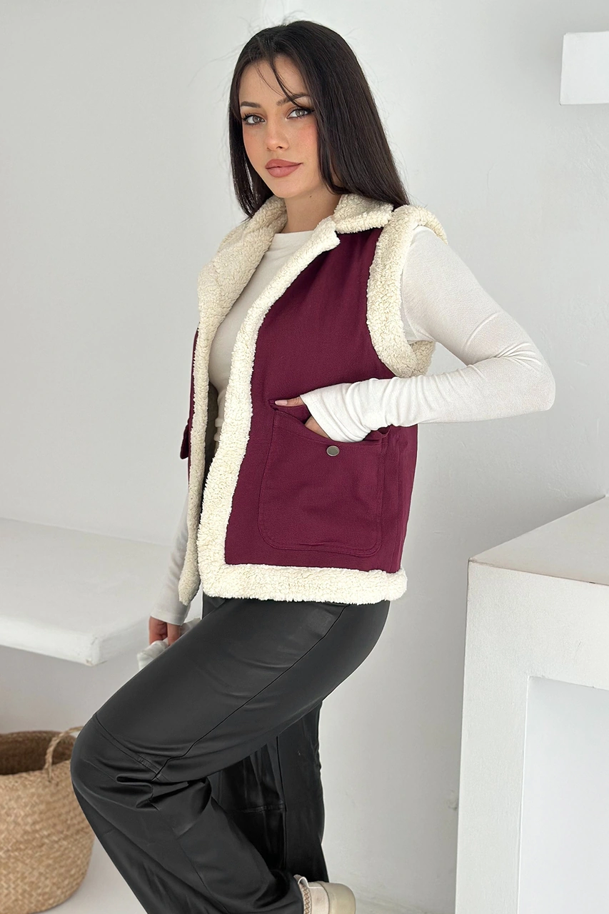 Noa & Noa Kadın Peluş Kenarlı Cepli Yelek Kontrastlı & Kışlık Stil Bordo