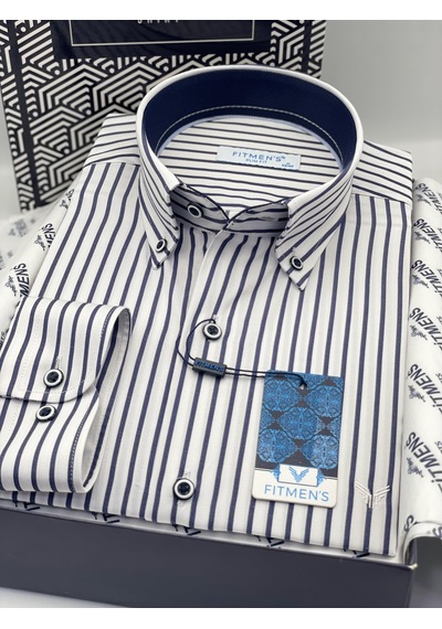 Slim Fit Uzun Kol Premium Kalın Çizgili Yaka Düğmeli Hediye Kutulu Kolay Ütülenebilir Erkek Gömlek Fs-001375 - Beyaz Lacivert-1493