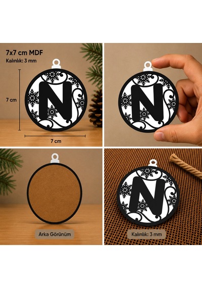 N Harf Yılbaşı Süsü Mdf Çam Ağacı Desenli Asılabilir Dekor 7x7 Cm