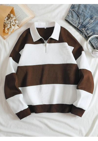 Altamira Unisex Çizgili Oversize Polo Yaka Yarım Fermuarlı Sweatshirt 001