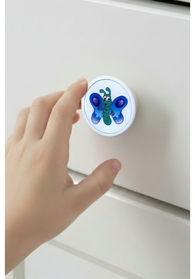 5 Adet Mavi Kelebek Çocuk Odası Mobilya Kulbu Seti - Abs Plastik Düğme Dolap ve Çekmece Kulpları Mavi