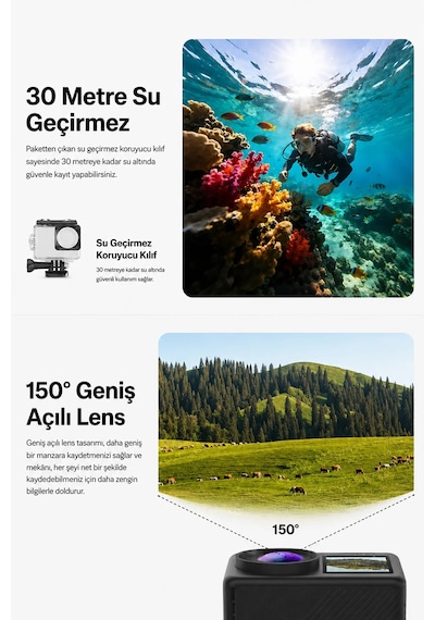 Exenar - Siyah - 5k Aksiyon Kamerası Wi-fi 50mp Çift Ekran Su Geçirmez Kılıflı Vlog Kamerası Eıs Sony Imx386 Sensörlü