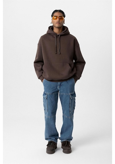 Vamos Basic Oversize Yıkamalı Hoodie Kahve