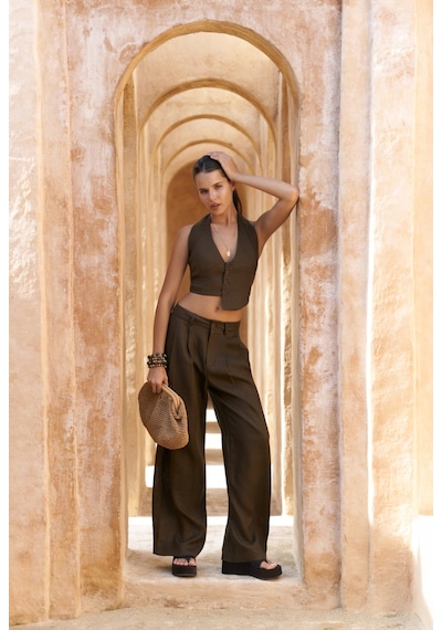 Mai Collection Mai Studios Co. Lvdovila Kahve Keten Crop Yelek Pantolon Takım Kahve