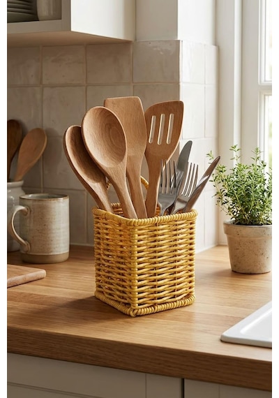 Kare Hasır Dokulu Plastik Rattan Kaşıklık Ve Çatallık, Askılı Kendiliğinden Tutmalı Çok Amaçlı Mutfak Organizeri, 10x10x14 Cm Çok Renkli