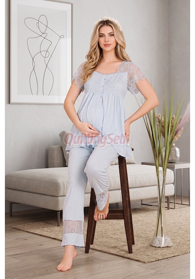 Quilling Lady Mavi Renkli, Derin Patlı, Dantel Detaylı 33002 Sabahlıklı 3lü Lohusa Hamile Pijama Takımı Açık Mavi M - L