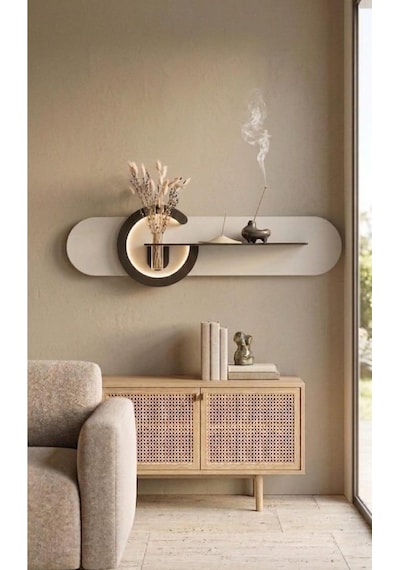 Antoryum Dekoratif Duvar Rafı Led Işıklı Ahşap İskandinav Tarzı Büyük Boy Modern Salon Duvar Rafı Çiçeklik 38x135 Cm Paris Grisi - Ahşap Ceviz