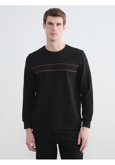 Lcwaıkıkı Classic Siyah Bisiklet Yaka Şerit Detaylı Erkek Sweatshirt