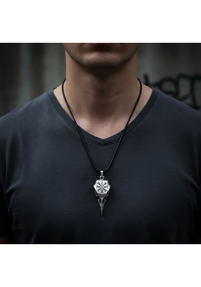 Koruma Kuzgun Kafatası - Vegvisir Gümüş Kaplama Deri İp Kolye Silver