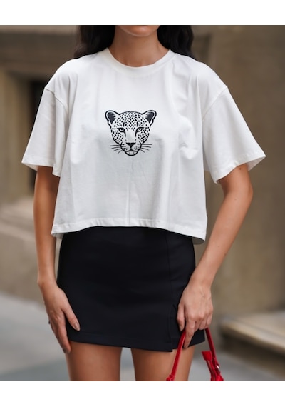 Kadın Bisiklet Yaka Kısa Kollu Oversize Crop Tshirt Ekru