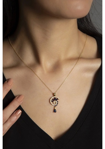 925 Ayar Gümüş Gold Kaplama Lacivert Renkli Spiral Snail Tasarım Kolye