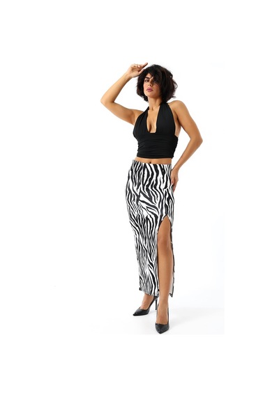 Gugus Kadın Derin Yırtmaçlı Dijital Baskılı Etek Maxi Boy 92 Cm Kalın Zebra