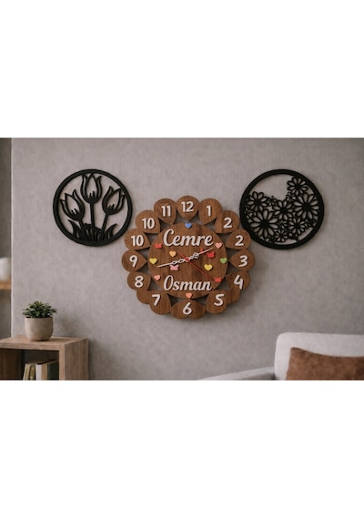 Duvar Saati 40 Cm Çiçekler 30 Cm Kişiye Özel No 1012 Çok Renkli