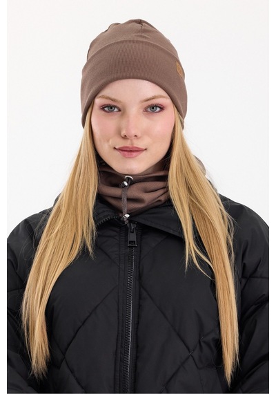 Butikgiz Kadın Balıkçı Style Pamuklu Kaşkorse Terletmez Ultra Hafif Yumuşak Bere Boyunluk Takım Kahverengi