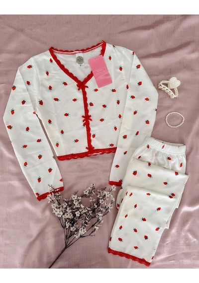 Mh Moony Homewears Liverpool Çilek Crop Uzun Üst Uzun Alt Yumuşak Pijama Çok Renkli