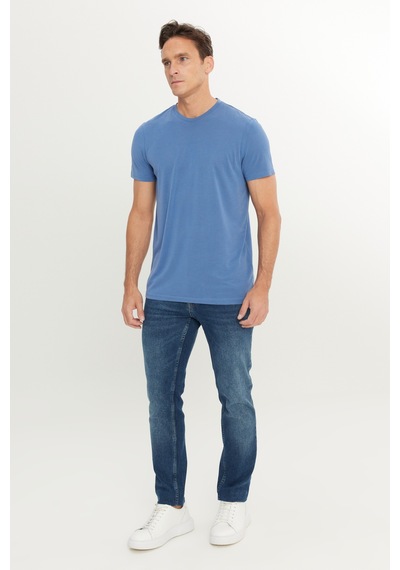 AC&Co / Altınyıldız Classics Erkek Indıgo Yumuşak Dokulu Slim Fit Dar Kesim Bisiklet Yaka Tişört Indigo