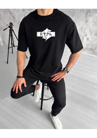 Yake Store Unisex Bisiklet Yaka Baskılı Double Oversize T-shirt - Siyah - Siyah
