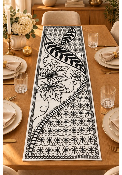 Nakışlı Geometrik Desenli Dekoratif Runner Masa Örtüsü 45x120 Cm Siyah
