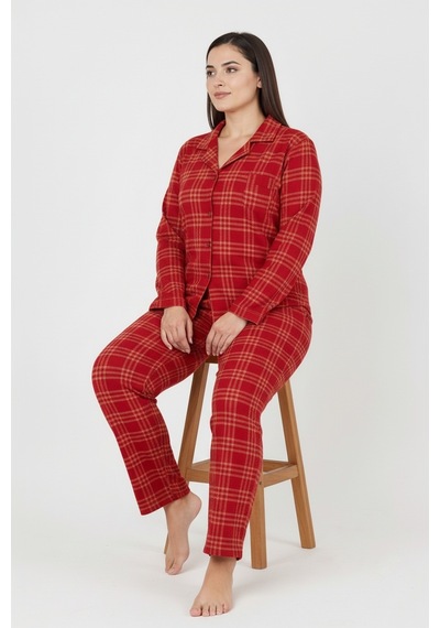 Bravie Luxury Soft Kırmızı Ekose Desenli Uzun Kollu Kadın Pijama Takımı Büyük Beden 3018 Kırmızı