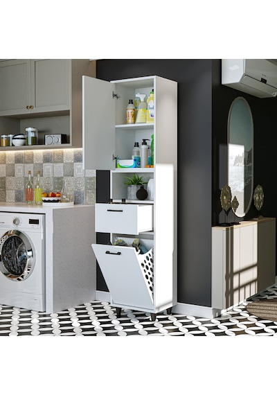 Çamaşır Sepetli Banyo Dolabı, Çok Amaçlı Çekmeceli Dolap 45 X 200 Mat Beyaz Çamaşır Sepetli Banyo Dolabı, Çok Amaçlı Çekmeceli Dolap 45 X 200 Mat Beyaz
