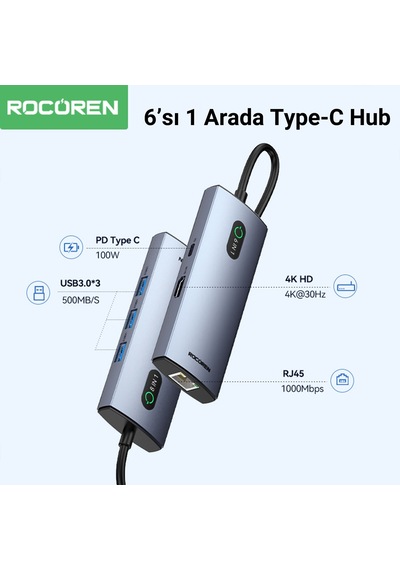 Rocoren 6 Portlu 4k 30hz Gigabit Ethernet 3 Usb3.0 Pd 100w Destekli Hub Çoklayıcı