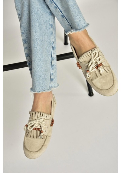 Fox Shoes Y602426202 Bej Süet Boncuk Detaylı Günlük Kadın Ayakkabı Bej