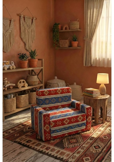 Çocuk Koltuğu Komple Sünger Katlanabilir Yataklı Minder Yatak 0-4 Yaş Mavi Kilim Desen Standart