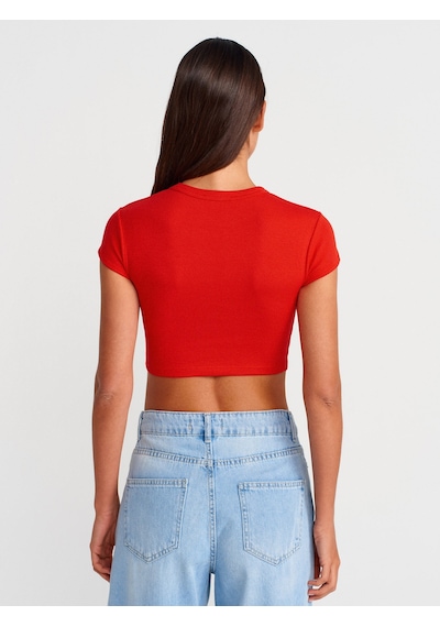 Dilvin 31810 Bisiklet Yaka Crop T-shirt-kırmızı Kırmızı