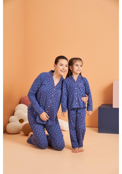 Pjs Kadın Anne-kız Kalpli Önden Düğmeli Gömlek Yaka Uzun Kollu Pijama Takım mavi