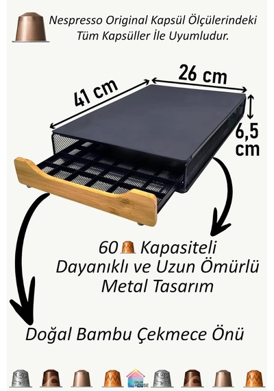 Siyah Kahve Kapsül Standı Nespresso  Kapsül Uyumlu. Tek Ebat Ayarlanabilir Dimi Yok