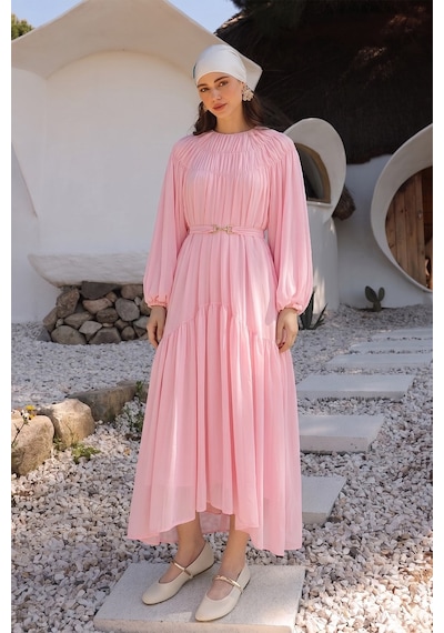Olcay Büzgü Detaylı Balon Kol Şifon Elbise Pembe 9461-e