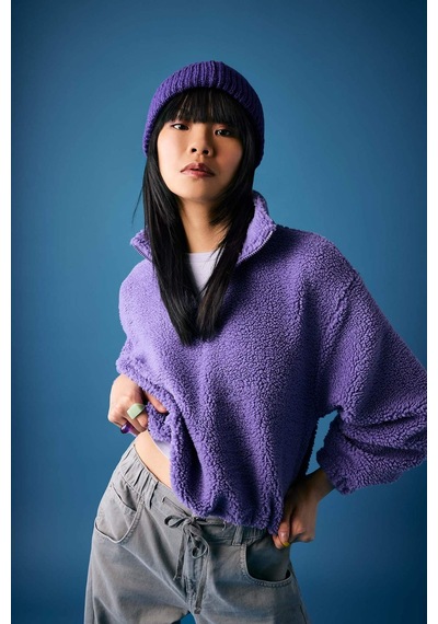 Defacto Coool Oversize Fermuarlı Dik Yaka Basic Düz Pelüş Sweatshirt B9836AX23WNPR262 Mor