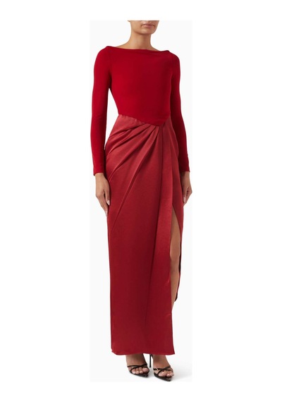 Eegen Studio Drape Maxi Elbise - Dikkat Çekici Doku, Yüksek Yırtmaç & V - Yırtmaçlı Bel Kırmızı
