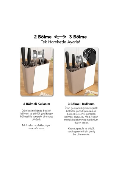 Çok Fonksiyonlu Mutfak Düzenleyici, 2-3 Bölmeli Ayarlanabilir Genişlik, Çatal Kaşık Bıçak Tutucu, 17-24 Cm Genişlik Krem Diğer