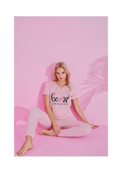 Rindahomewear Kadın Fitilli Kısa Kol Pijama Takımı Pembe