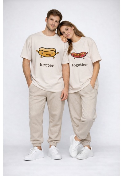 Better Together Baskılı Sevgili Kombini Çift Tişört Oversize Unis Bej