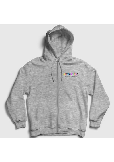 Presmono Unisex Astroworld V4 Travis Scott Fermuarlı Kapüşonlu Sweatshirt Gri Melanj