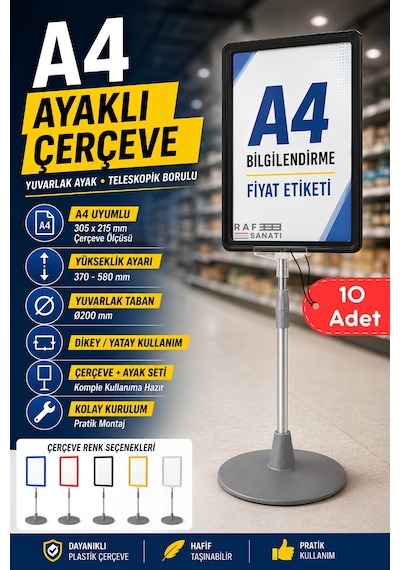 10 Adet - A4 Ayaklı Çerçeve Seti Yuvarlak Tabanlı Teleskopik Fiyat Etiketi Standı Siyah