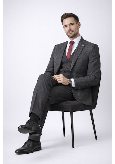 Fabio Cassel Slim Fit Mono Yaka Çift Yırtmaçlı Astarlı Takım Elbise Yelekli Füme