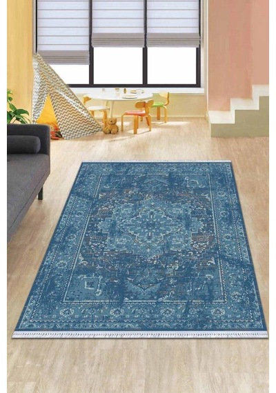 Mavi Vintage Dokuma Pamuk Tabanlı Kaymaz Kilim Klm235n11