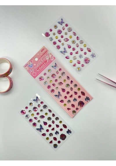Holografik Çiçek Ve Kelebek Pembe Paket Tek Yaprak 42 Adet Taş Sticker Seti/etiket/çıkartma 1