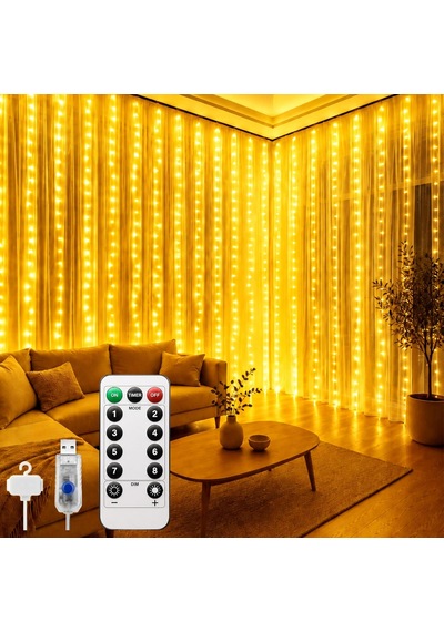 8 Mod Perde Ledi 300 Led 3x3m 10 Sarkıt Led Yılbaşı Oda Dekoru Kumandalı Peri Perde Led Diğer