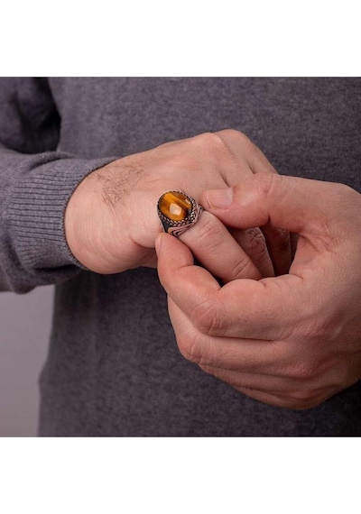 Hasır Düğüm Motifli Kahverengi Kaplangözü Taşlı Gümüş Erkek Yüzük