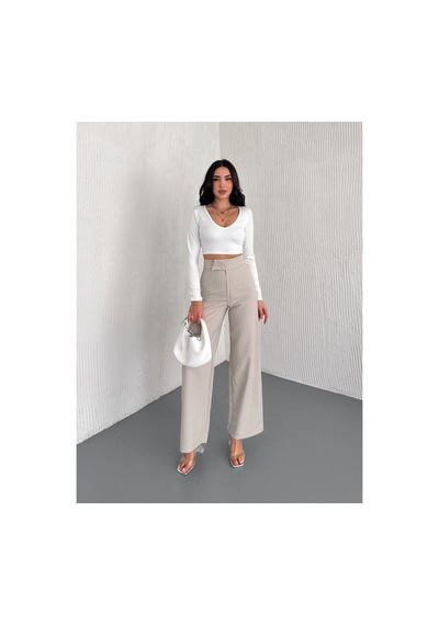 Gugus Kadın Cepsiz Dokuma Kumaş Pantolon Beli Cırtlı Bol Paça Wide Leg Model Ekru