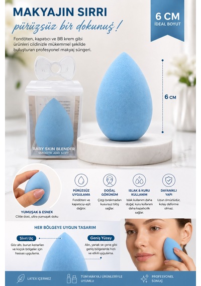Makyaj Süngeri Mavi Beauty Blender Fondöten Ve Kapatıcı Uygulama Süngeri, 6 Cm